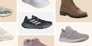 Different shoes organized on a neutral background
