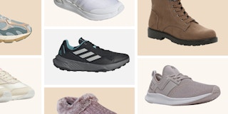 Different shoes organized on a neutral background