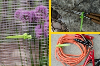 collage image of green tie straps holding together cords, skewers, and more