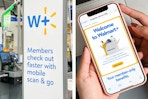 walmart plus signage and on a phone