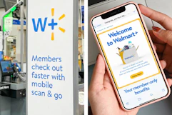 walmart plus signage and on a phone