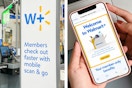 walmart plus signage and on a phone