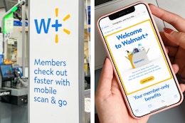 walmart plus signage and on a phone