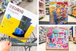 collage with keurig, barbie, and hot wheels items