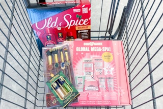 old spice, profusion, and soap and glory gift sets in a cart