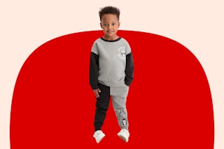 Stock image of a toddler boy wearing a Nightmare Before Christmas jogger set