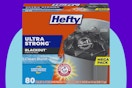 Hefty Ultra Strong 13 Gallon Trash Bags 80 ct on a blue background.
