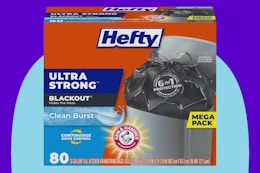Hefty Ultra Strong 13 Gallon Trash Bags 80 ct on a blue background.