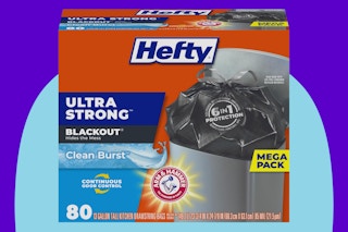 Hefty Ultra Strong 13 Gallon Trash Bags 80 ct on a blue background.