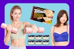 Exercise weights, solar light 6-pack, bra & Totino's pizza