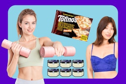 Exercise weights, solar light 6-pack, bra & Totino's pizza