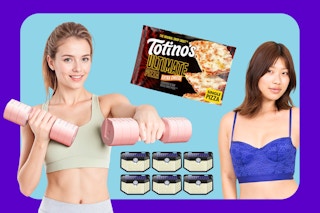 Exercise weights, solar light 6-pack, bra & Totino's pizza