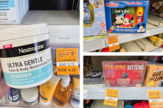 collage image of clearance neutrogena moisturizing cream, disney mickey book set, and exploding kittens card game