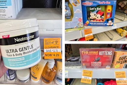 collage image of clearance neutrogena moisturizing cream, disney mickey book set, and exploding kittens card game