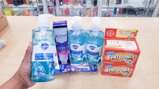 hand soap, crest toothpaste, oral-b toothbrush, abd flintstones vitamins