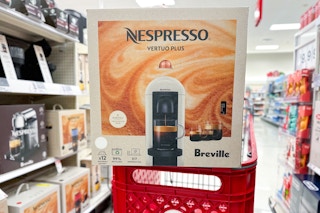 magnolia nespresso vertuoplus coffee maker sitting on a target cart