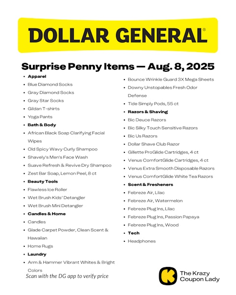 Graphic list of the dollar general surprise penny items aug 8