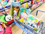 Walmart toy clearance in shopping cart in toy aisle in store