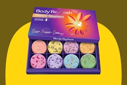 BodyRefresh Shower Steamers Aromatherapy on a yellow background.