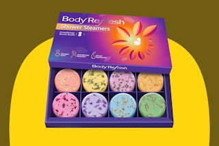 BodyRefresh Shower Steamers Aromatherapy on a yellow background.