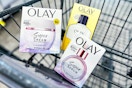 olay super cream, super serum, and moisturizer in a cart