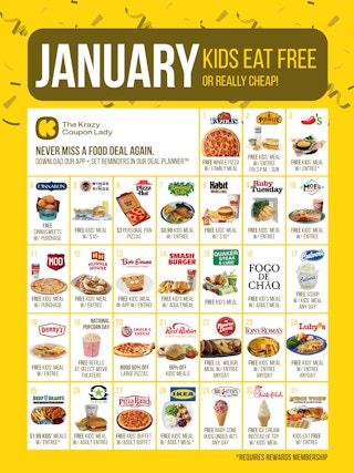 a graphic showing daily kids eat free deals in january 2026