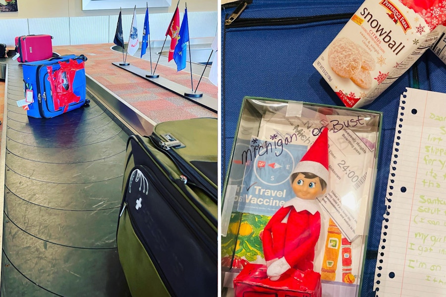 two images side by side of a suitcase at the airport and an elf on the shelf doll ready to be packed into a suitcase