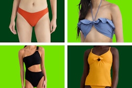 4 styles of women's swimwear: bottom, top & 2 one pieces 