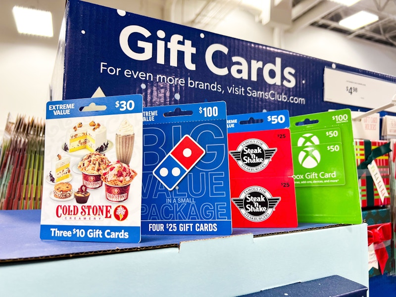 coldstone, dominos, steak n shake, and xbox gift cards on display