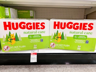 Huggies Natural Care Sensitive and Fragrance Free baby wipes on display on a Target shelf