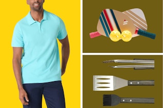 A man in a turquoise polo, a BBQ set and a pickleball set on a yellow-and-green background
