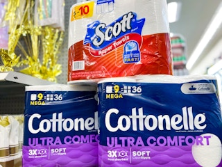 scott paper towel pack and two cottonelle paper toilet packs