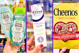 collage with garnier whole blends hair care, crest toothpaste, and cheerios cereal
