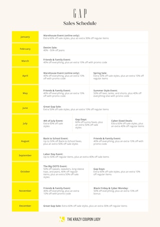 A graphic showing all the gap sales throughout the year: The Warehouse Event in January, Denim Sale in February, the Friends & Family Eve...