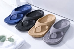Lifestyle image of 4 colors of the Litfun Orthotic Flip Flops for Women