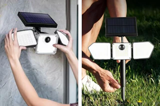 solar lights hanging on a wall and one staked in the ground