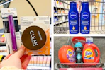 collage image of covergirl makeup, tide detergent, and nivea lotion