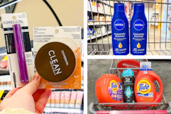 collage image of covergirl makeup, tide detergent, and nivea lotion