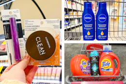 collage image of covergirl makeup, tide detergent, and nivea lotion