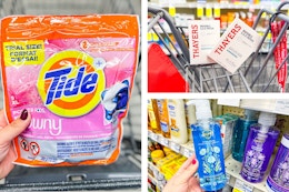 collage image of tide pods, safeguard hand soap, and thayers acne patches
