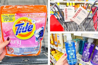 collage image of tide pods, safeguard hand soap, and thayers acne patches