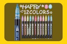 A set of 12 shimmery metallic markers, each makes a metallic line surrounded by a color.