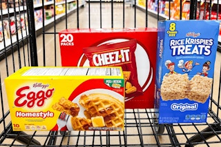 boxes of eggo waffles, cheez-it crackers, and rice krispies treats in a cart