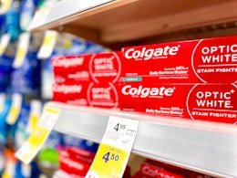 colgate optic white stain fighter toothpaste on shelf in walgreens