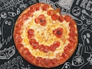 A pumpkin-shaped pizza from Papa John's set on a Halloween background