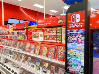 The Nintendo game aisle and Nintendo Switch display at Target.