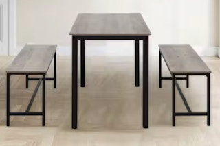 Lifestyle image of the Homestock 3-piece dining set: 1 table and 2 benches