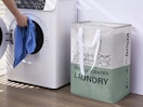 a laundry basket next to a washer