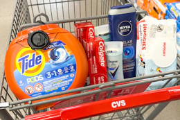 tide pods, colgate toothpaste, degree deodorant, nivea men body wash, and huggies baby wipes in a cart