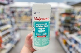 hand holding walgreens disinfecting wipes